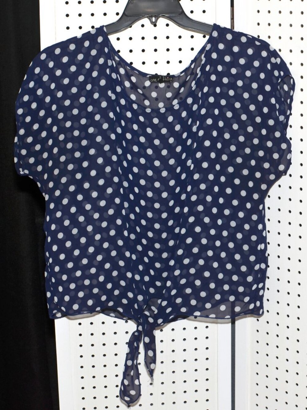 One Clothing Navy Blue & White Polka Dot Sheer Tie-Front Blouse XL